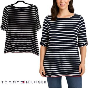 Tommy Hilfiger Women's Black and White Striped Long Sleeve Top M